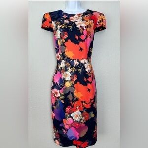 Betsey Johnson navy multi floral print cap sleeve sheath dress sz 8 like new!